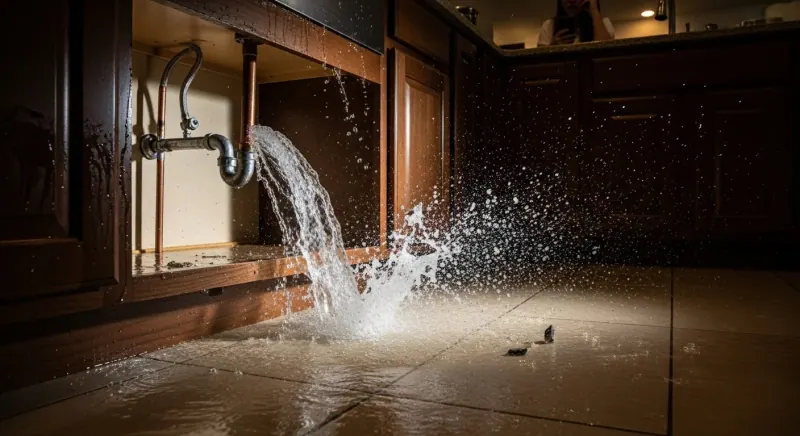 Water gushing from a burst pipe onto a kitchen floor