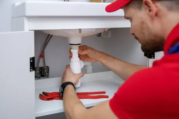 Technician performing drain cleaning services on a bathroom drain with a cable machine