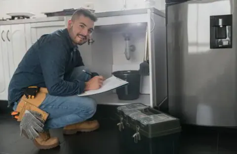 Plumber kneeling beside a kitchen sink with a toolbox during a service call