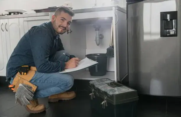 Plumber kneeling beside a kitchen sink with a toolbox during a service call