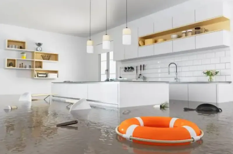 Flooded kitchen floor with a life ring floating in the water