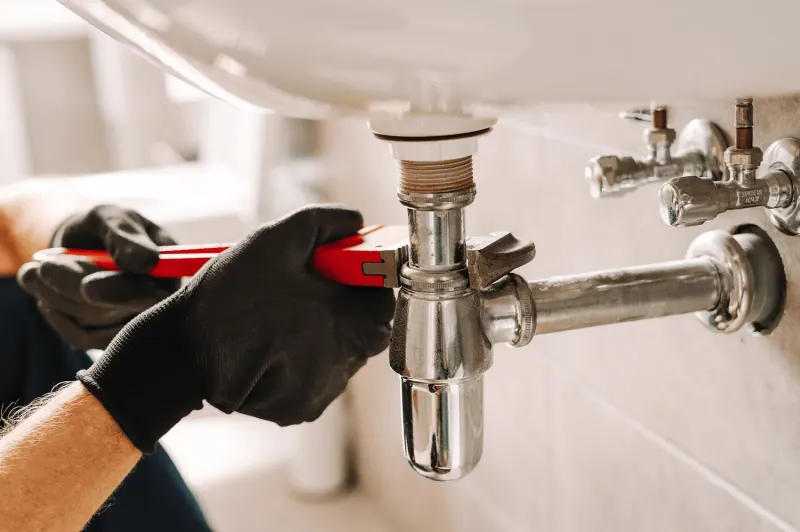 Plumber tightening a chrome sink trap with a pipe wrench