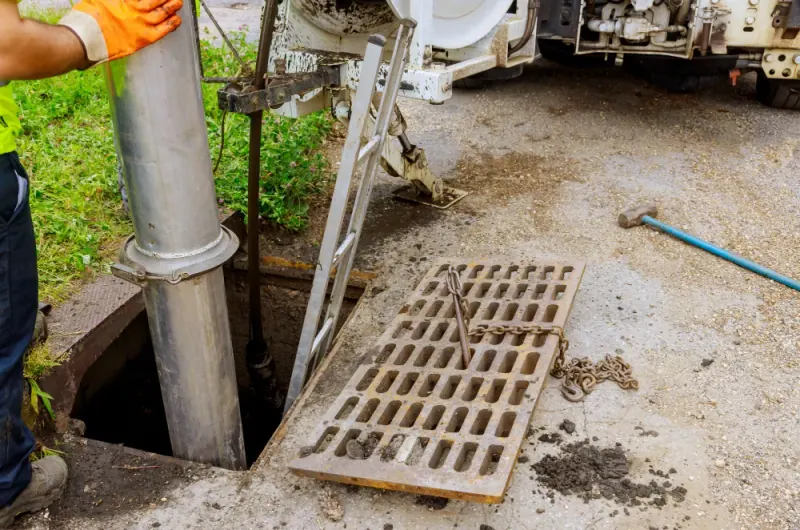 Plumber running a hose for hydro jetting services through an outdoor sewer cleanout