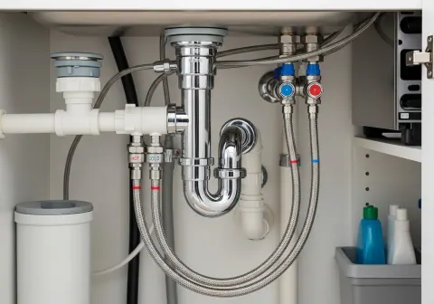 Chrome drain trap and supply lines under a kitchen sink