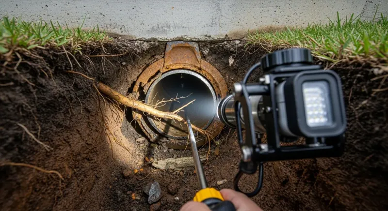 Sewer inspection camera beside an exposed pipe with root intrusion
