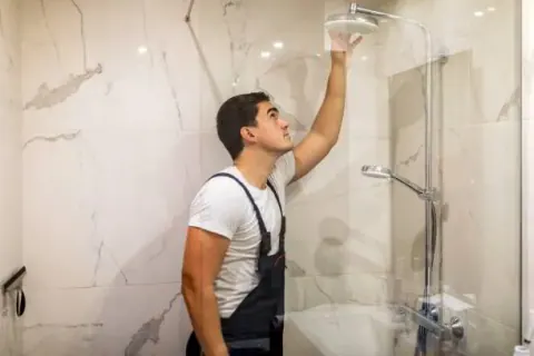Plumber adjusting a shower head in a tiled bathroom