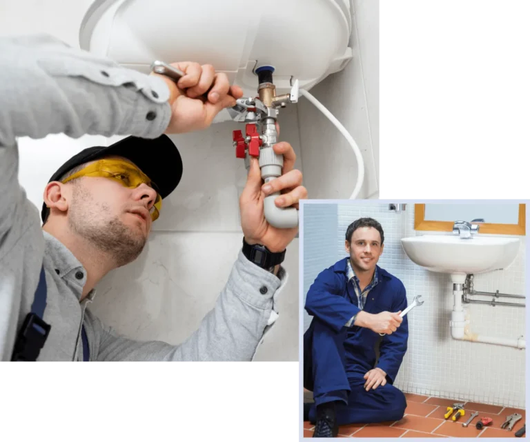 Plumbers repairing bathroom fixtures and water heater connections