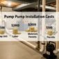 Sump pump installation cost breakdown with total expenses for pump unit, labor, materials, and permits