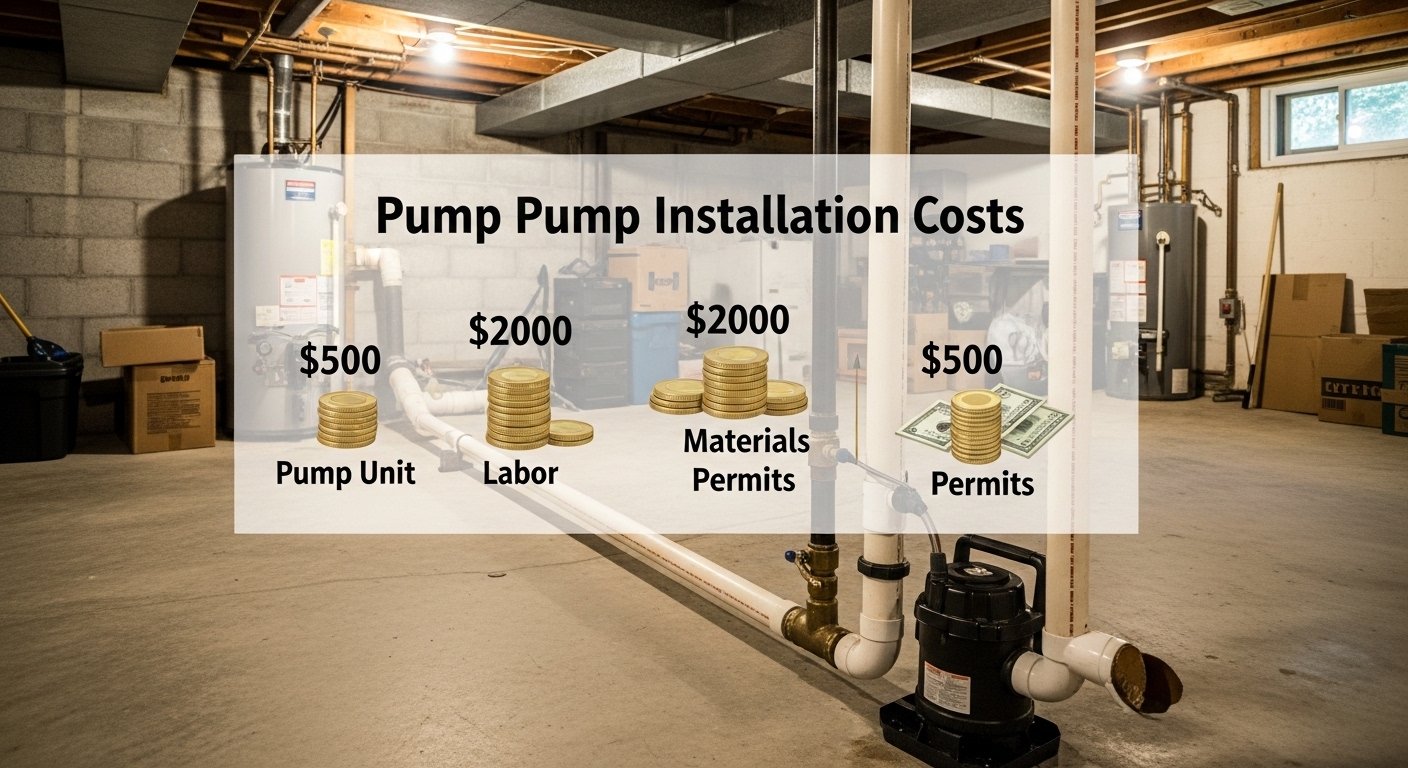 Sump pump installation cost breakdown with total expenses for pump unit, labor, materials, and permits